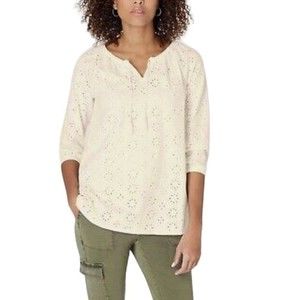 J jill Blouse Knit Eyelet Peasant Top Blouse   Ivory Size Small Tassel Tunic